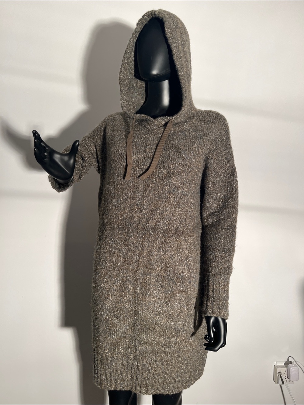 Khaki Hooded Knit Sweater Dress in medium.